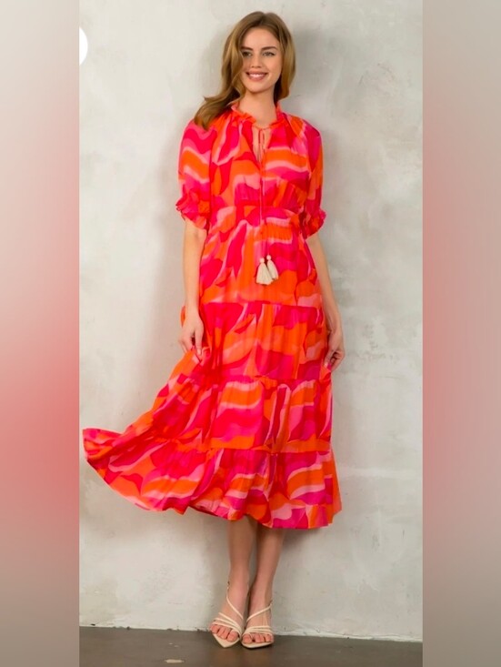 THML Dresses & Skirts - THML Smocked Waist Tiered Orange and Pink Midi Dress